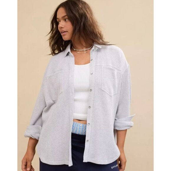 Aerie Light Heather Gray Anytime Fave Waffle Oversized Shirt Size XS - Picture 1 of 5